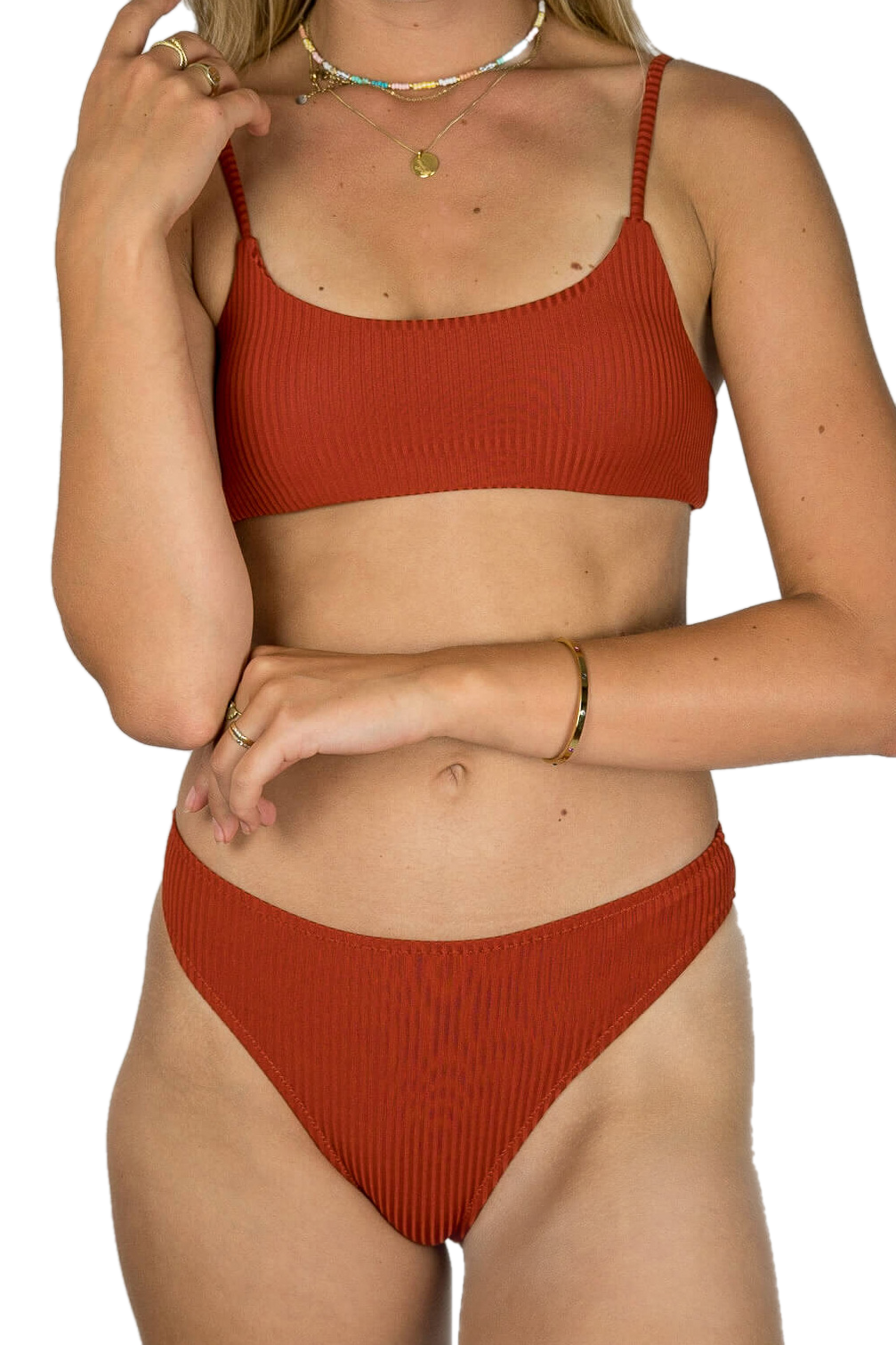 neat cheecky brazilian sporty high leg supportive rood red warm terracotta sunday swim dutch label tara sunday swim topje broekje mix and match bikini set swimsuit swimwear bottom top cute sporty chic yoga outside beachwear swimming body type sustainable recycled econyl soft bayu frankies hunkemoller lady gaga orange bikini stripes seamless sewing versatile loavies (6875625980075)